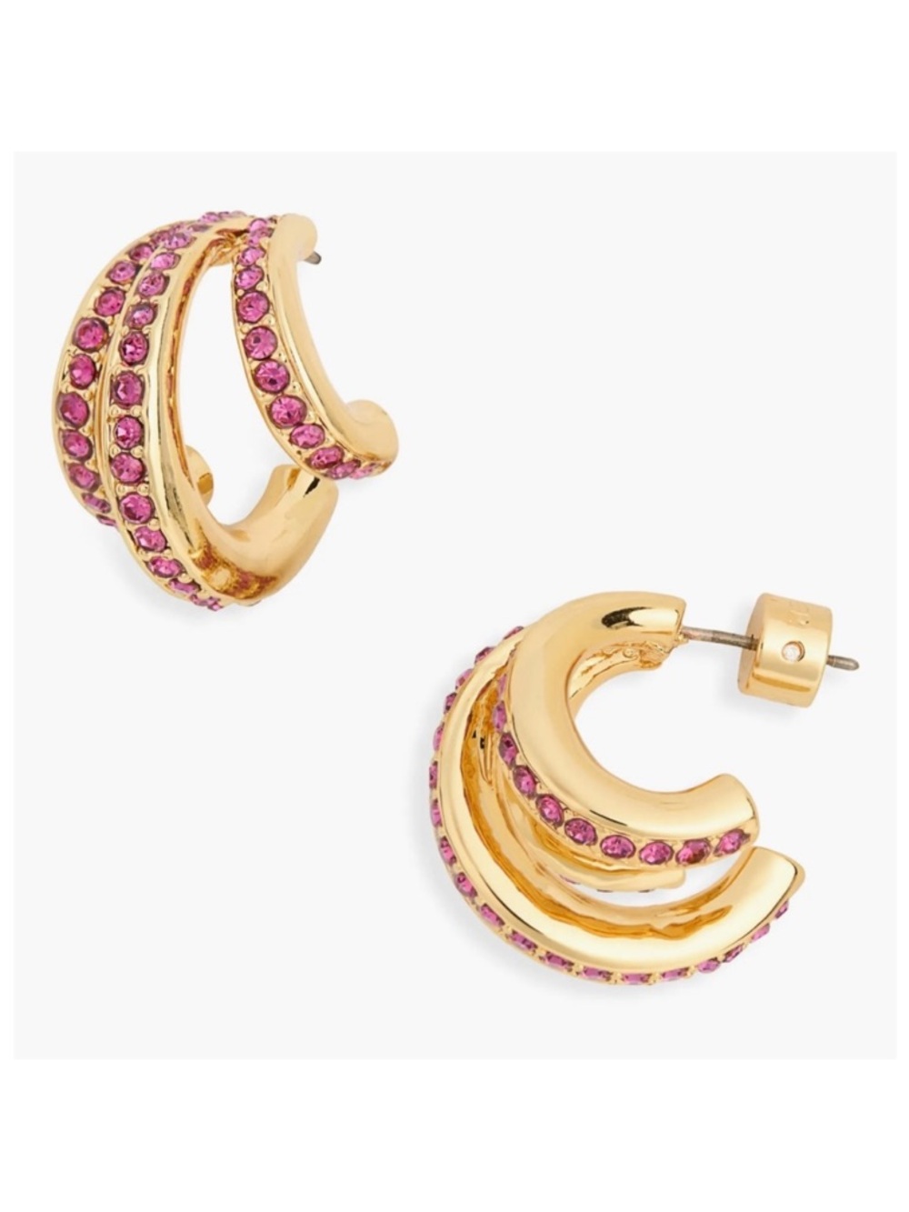 NEW KURT GEIGER Pavé Crystal Triple Huggie Hoop Earrings Gold Pink - Picture 1 of 9